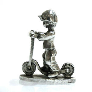 Pewter Figurine Boy On Scooter Mini 1.75" Newsboy Hat Kid Foundry Mark Vtg